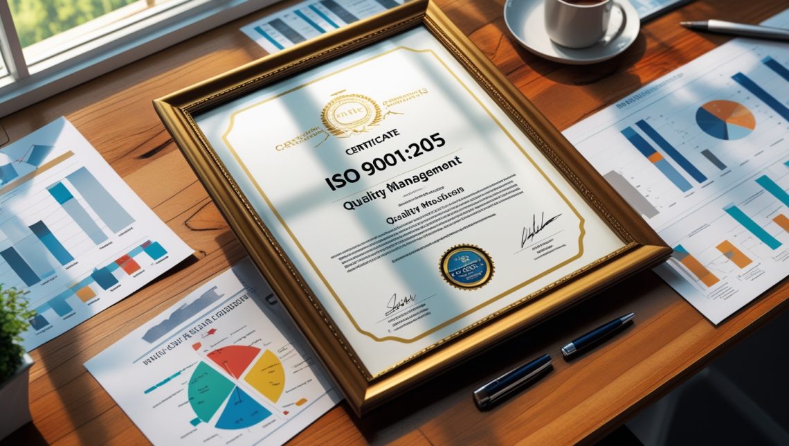 Сертификат ISO 9001:2015 на фоне деловой документации